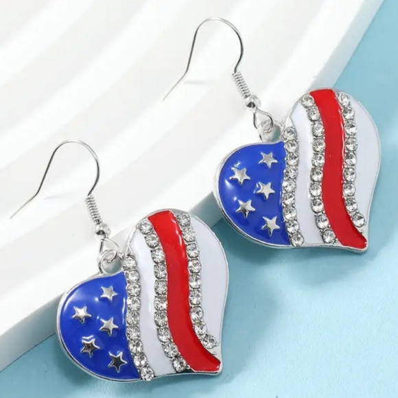 2/30$ Or 3/$35 Patriotic Heart Red White Blue Earrings with Crystals-(#074) - Picture 1 of 2